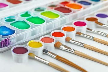 Obraz premium Set of watercolor paints and brushes on a white table, artsy and creative school supplies