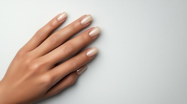 Close-up of beautifully manicured hands with nail enhancements featuring subtle ombrÃ© designs and minimalist gold accents