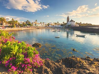 Obraz premium Scenic coastal view with flowers, boats, and a church in the background.