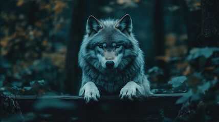 Fierce gray wolf peers over fallen log in misty forest, intense gaze fixed on camera with paws resting on wood in atmospheric scene