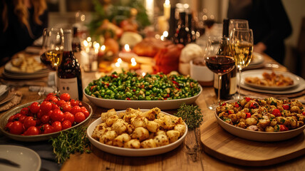 Festive dinner table with roasted vegetables, salads, and wine, Thanksgiving celebration