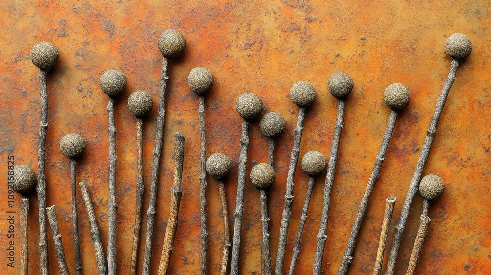 Poster a collection of twig-like sticks with round ends arranged on a textured surface.