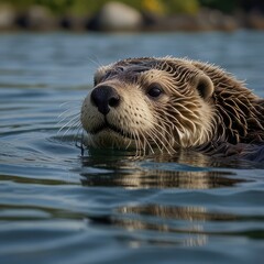 Fototapeta premium otter in the water,otter on the rock,close up of a otter