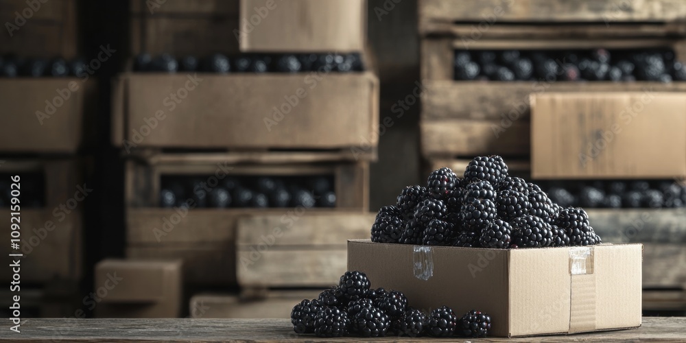Aufkleber a box overflowing with blackberries in a rustic setting with wooden crates in the background.