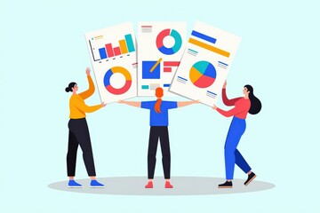 Teamwork and Data Analysis: Collaborative Business Professionals Presenting Colorful Charts and Graphs for Strategic Planning