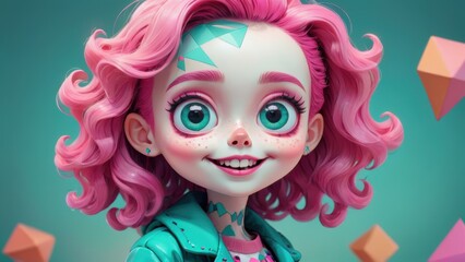 Vibrant 3D Portrait of a Cheerful Girl with Pink Hair and Big Eyes