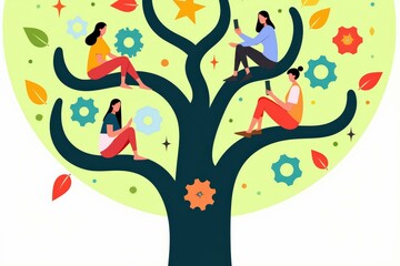 Collaborative Growth: Teamwork and Innovation Flourish in a Vibrant Green Tree