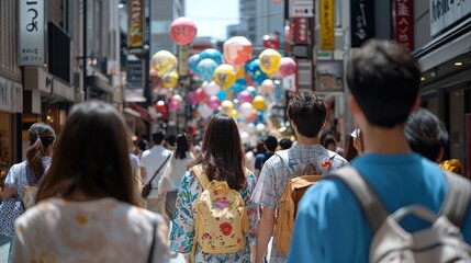Fototapeta premium Street view of a vibrant Coming of Age Day celebration, with young adults walking in colorful kimonos,