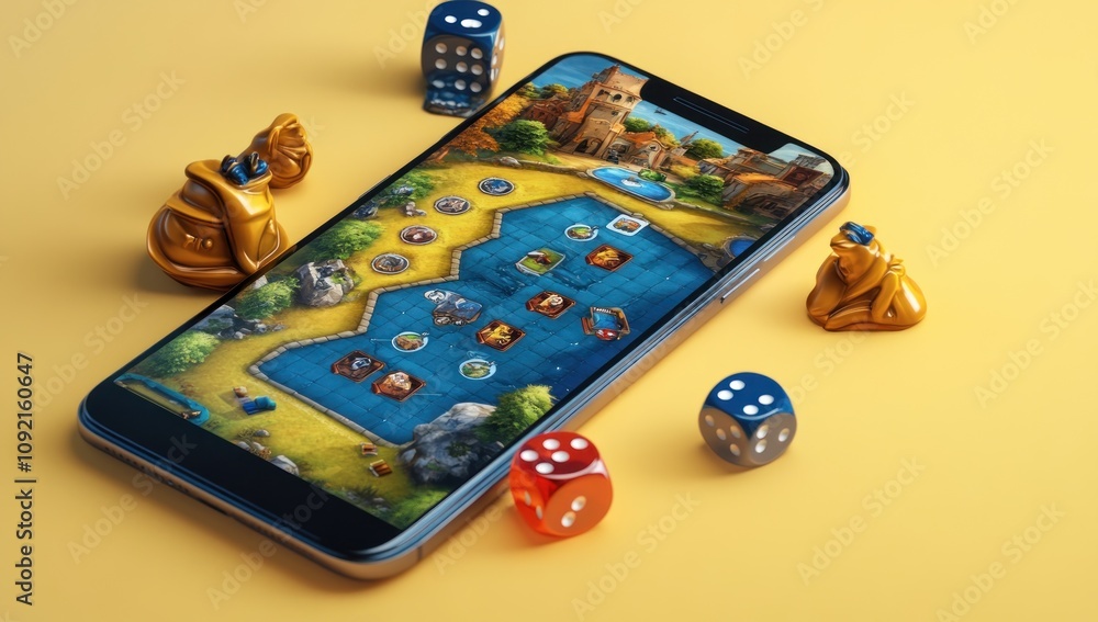Aufkleber A smartphone displaying a board game with dice and game pieces on a yellow background.