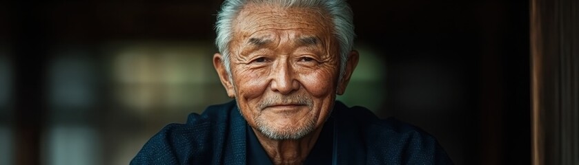 Obraz premium Wisdom of the ages an elderly japanese man reflecting on life in tranquil nature portrait photography serene environment introspective concept