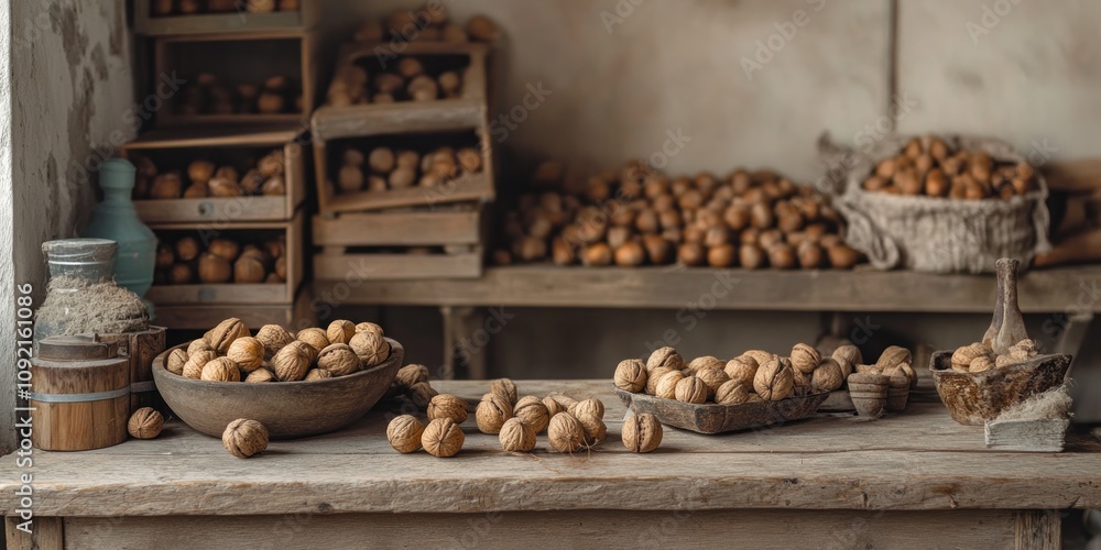 Poster a rustic scene featuring various walnuts displayed on a wooden table and shelves.