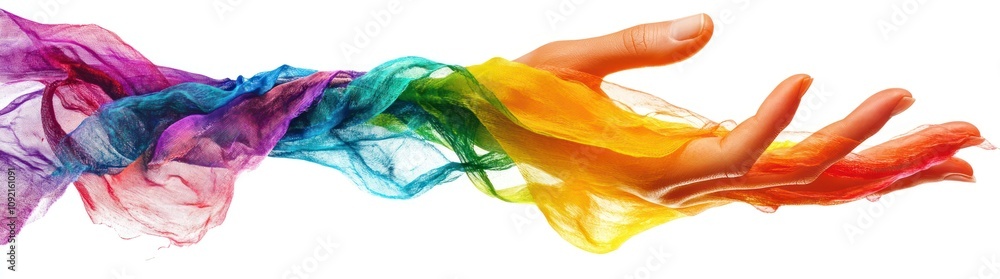 Poster a colorful hand with flowing fabric representing creativity and expression.