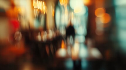 Fototapeta premium Abstract out-of-focus image of a cafe at night with warm lighting.