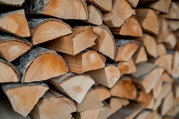 Fototapeta premium A neatly stacked pile of firewood, suggesting warmth and rustic comfort, ready for a cozy fireside.