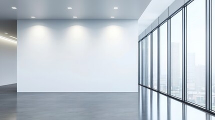 Contemporary minimalist space with ghost white walls, large windows, and a taupe glossy floor.