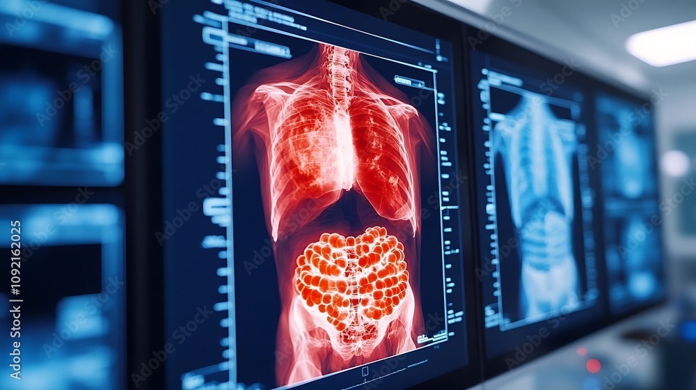 Poster digital x ray scan of human lungs displayed on a futuristic medical interface with data analytics an