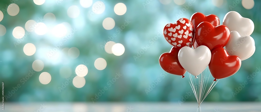Aufkleber floatin red and white heart shaped balloons in a dreamy romantic setting with a soft ethereal backgr