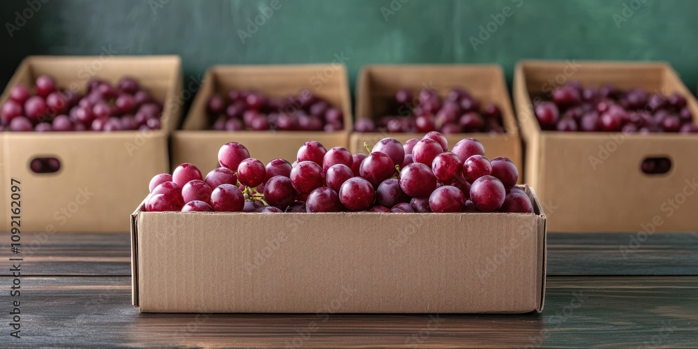 Poster a box of red grapes in the foreground with additional boxes in the background.