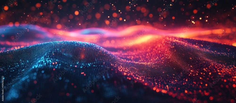 Poster abstract wave with glowing red and blue particles.