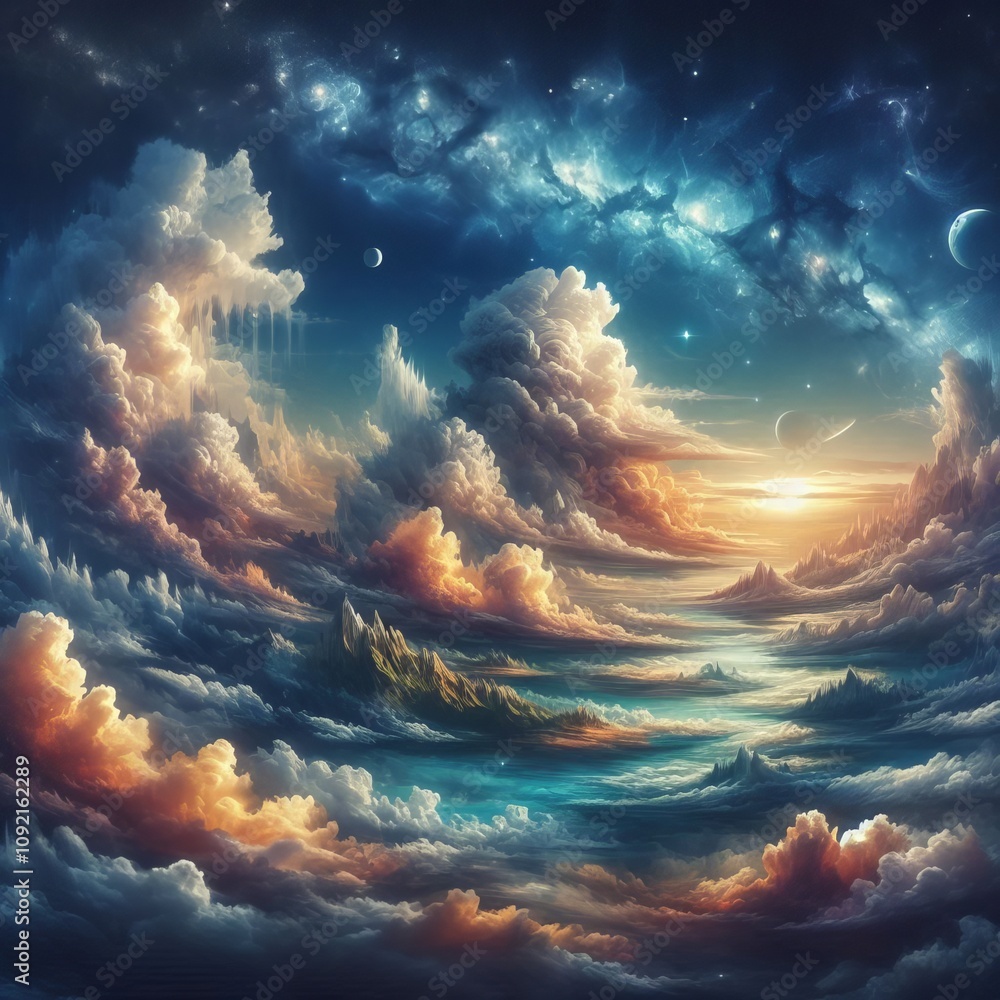 Poster cloud atlas weather patterns forming maps of imaginary lands