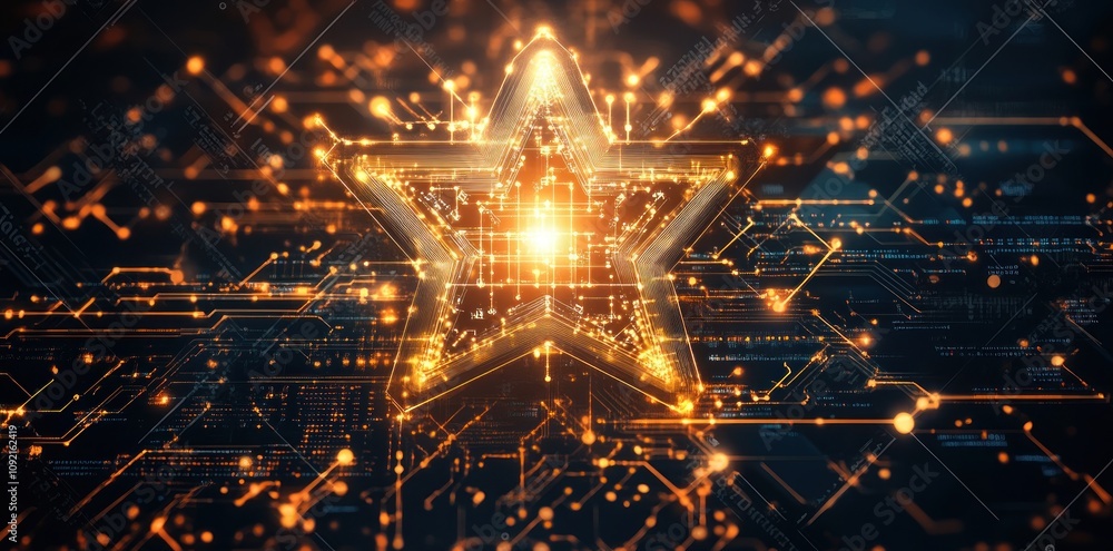 Poster a glowing star surrounded by digital circuitry and sparks, symbolizing technology and innovation.