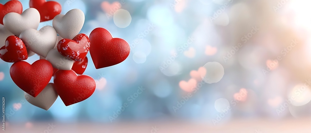 Poster elegant and romantic glowing red hearts floating against a blurred soft bokeh background with shimme