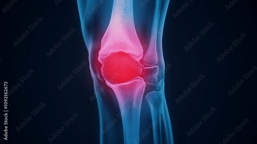 Poster detailed x ray scan of inflamed knee joint showing skeletal structure and bone conditions for medica