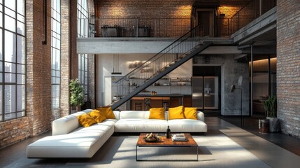 Modern loft living room featuring a white sofa, yellow pillows, and a minimalist staircase design