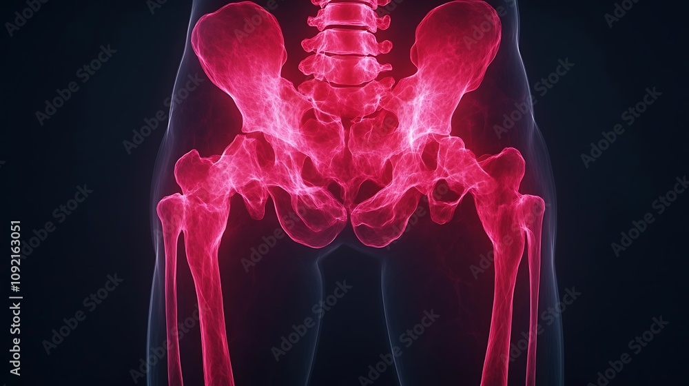 Poster glowing transparent digital 3d render of the human skeletal structure with red pelvic bones and deta