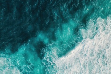 Fototapeta premium Ocean Waves Crashing: Aerial View of Turquoise Water, White Foam, Deep Blue Sea, Stunning Nature, Serene Landscape, Majestic Ocean, Powerful Waves, 