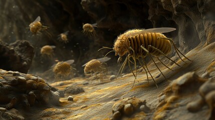 Microscopic Insect Swarm in Cave-Like Environment 3D Render