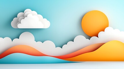 Fototapeta premium Digitally created abstract and minimalist papercraft landscape featuring vibrant mountain ranges and a beautiful cloudscape in the sky The scene has a modern elegant and tranquil atmosphere