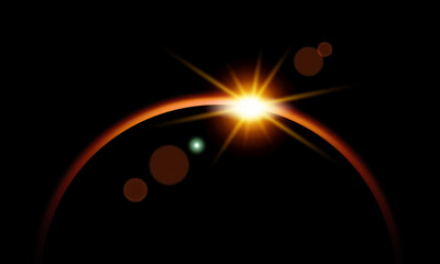 Horizon of the planet with soft neon light effect. Sunlight rises over the edge of the planet. Solar or lunar eclipse, earth silhouette in outer space. Vector illustration.