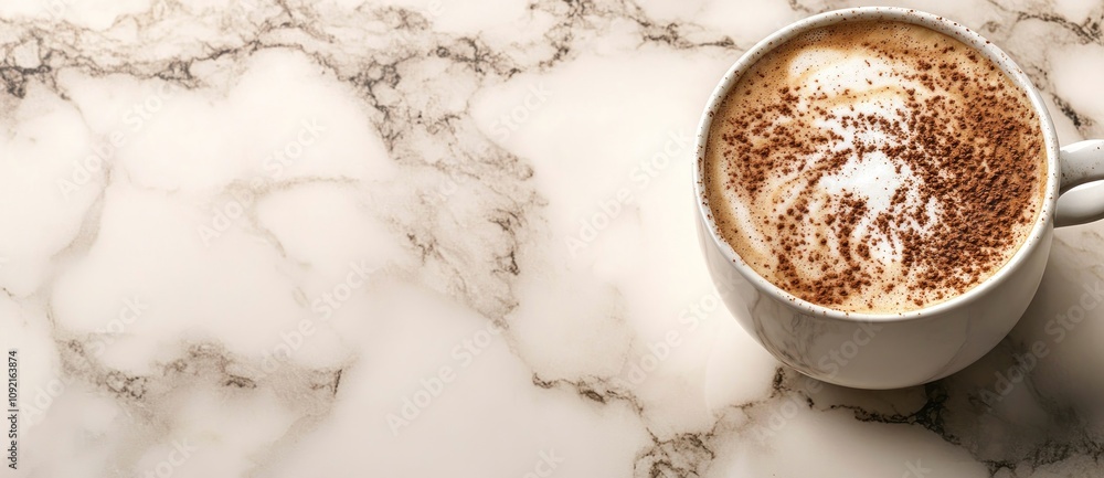 Poster a cup of coffee with frothy milk and cocoa on a marble surface.