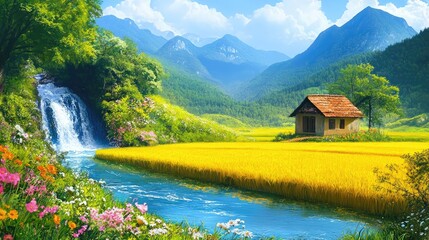 Obraz premium Beautiful Nature Painting with Yellow Rice Fields, Small House, and Water Stream
