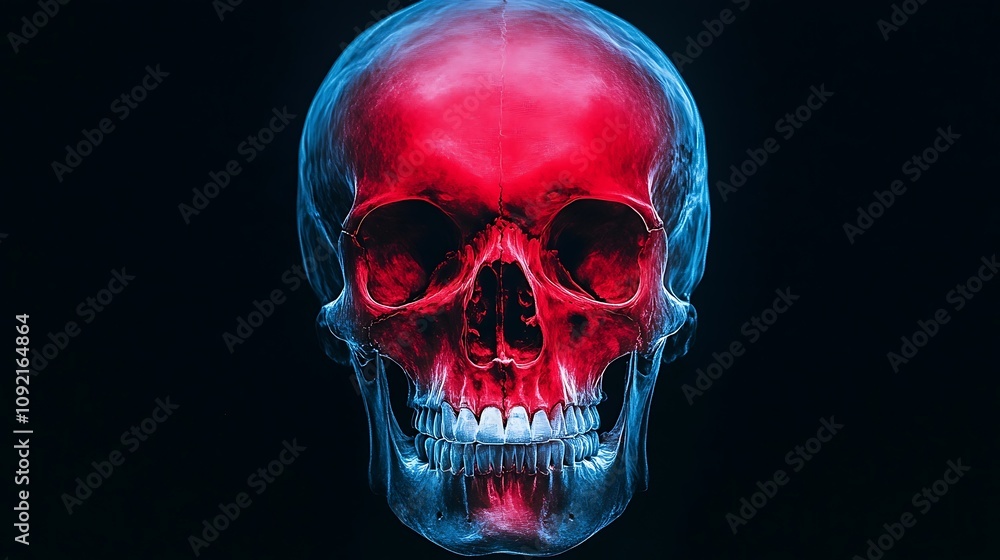 Aufkleber detailed 3d rendered x ray image of a human skull in an ominous dark red and blue color scheme the a