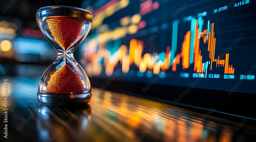 Poster a close-up of an hourglass on a reflective surface, with a colorful financial graph in the backgroun