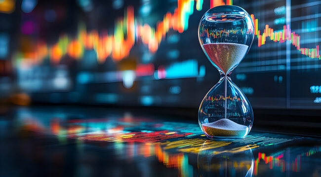 A modern hourglass sits on a reflective surface, with a backdrop of digital financial graphs, symbolizing time management in trading and investment.