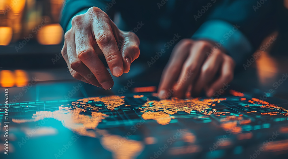 Aufkleber a person is analyzing a colorful map, using their hands to interact with geographical details in a d