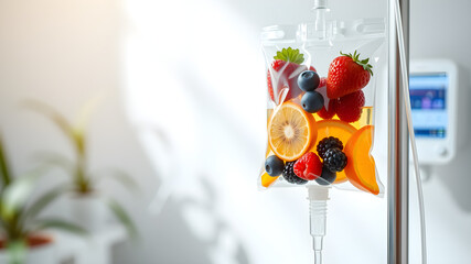 A creative IV drip bag filled with fresh fruits, symbolizing a healthy and revitalizing infusion