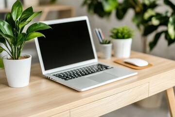 Fototapeta premium A wooden desk featuring a laptop and potted plants, illuminated by warm sunlight, epitomizing simplicity and calm.