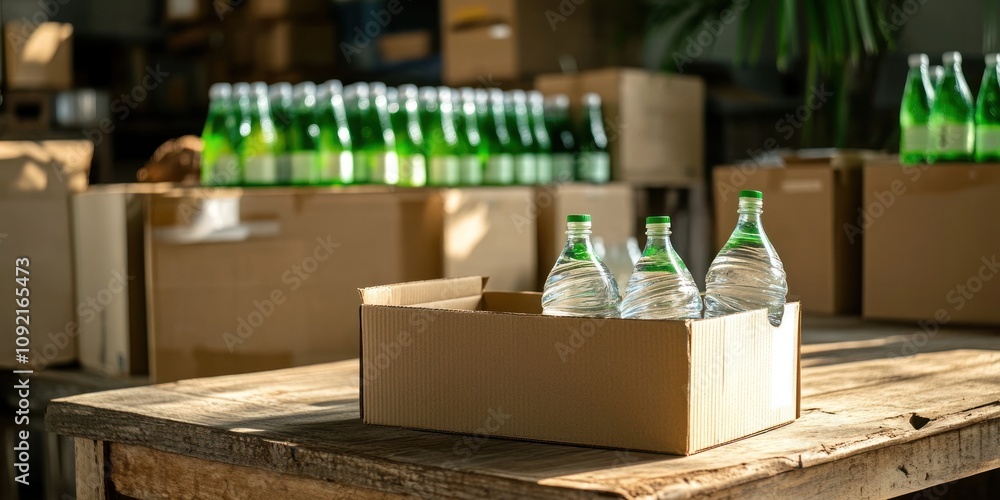 Poster a box containing bottled water in a warehouse setting with additional bottles in the background.