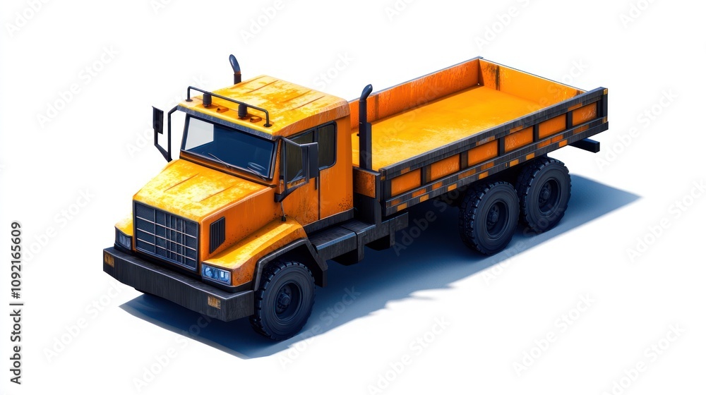 Poster a rusty orange dump truck designed for transporting materials.