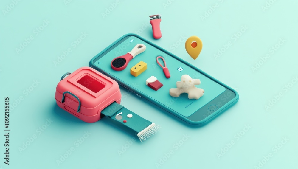 Fototapete A colorful 3D arrangement of a smartphone and various playful objects.