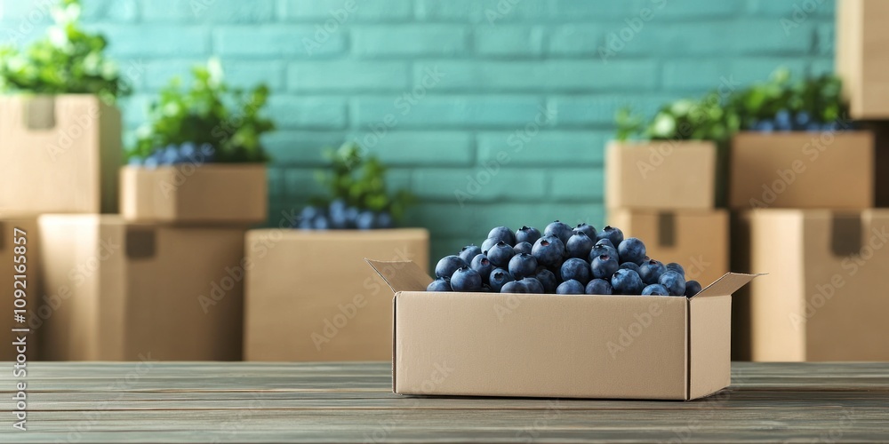 Poster a box filled with blueberries sits on a table in front of stacked cardboard boxes.