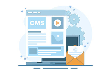 Fototapeta premium Content management system administration concept cms. CMS. Blog, Blogger. Freelancing. Creative writing. Script writing. Content vector illustration for web landing page template, banner, flyer.