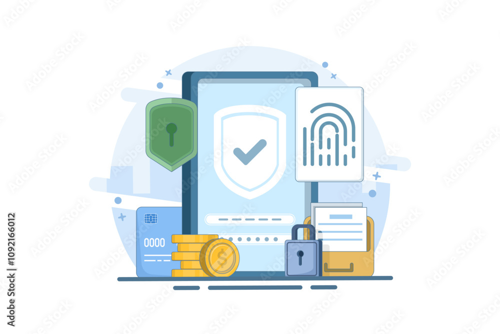 Sticker Concept of data protection with fingerprint. Biometric security system. Personal data protection, biometric lock. Data and account protection with fingerprint scanner. Flat vector illustration.