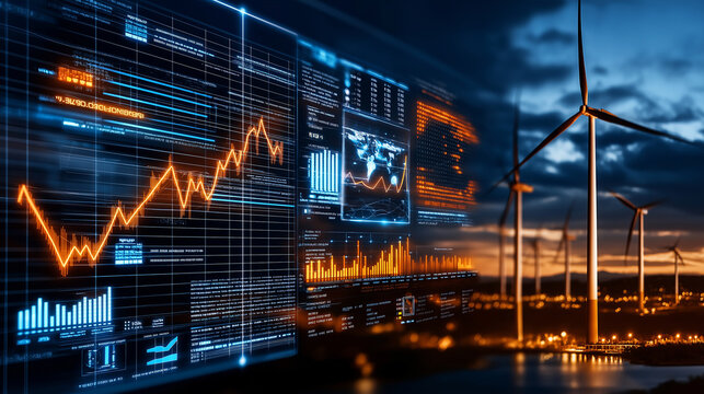 Digital interface displaying financial technology and wind energy data