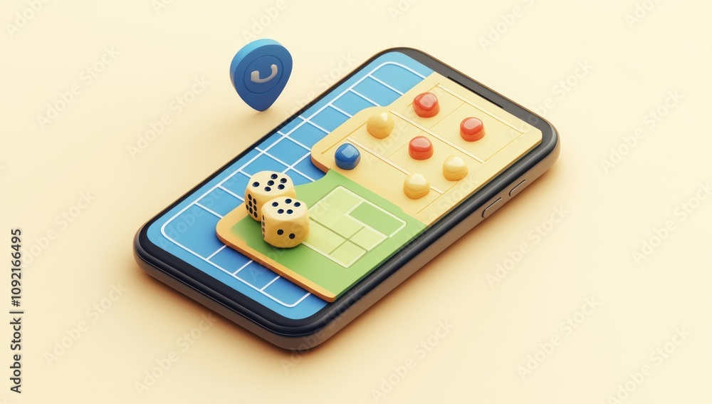 Aufkleber A 3D illustration of a mobile phone displaying a board game with dice and game pieces.