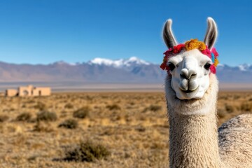 Fototapeta premium A lively llama, adorned with vibrant decorations, stands proudly against a backdrop of vast plains and distant snow-capped mountains.